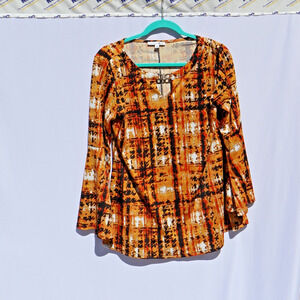 Notations Orange Black Abstract Long Sleeve Blouse Scoop Neck Keyhole Size M